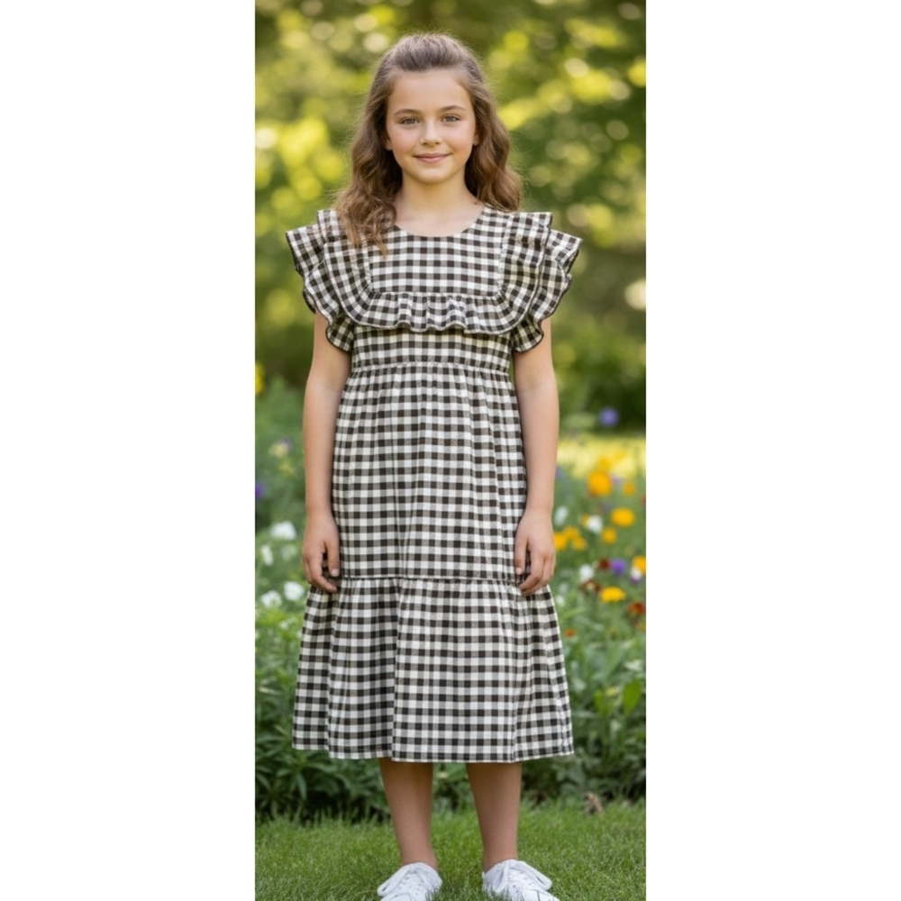 Wonder Nation Brown Checkered Ruffle Yoke dress Size L (10-12) Plus
